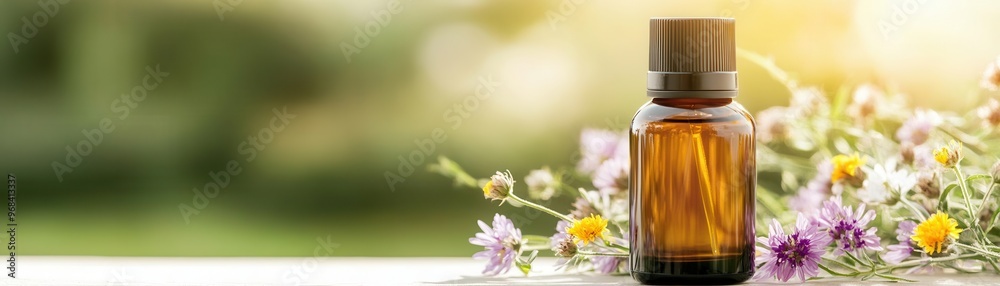 Amber glass serum bottle without label, surrounded by sunlight and wildflowers, natural organic beauty packaging concept Amber glass serum bottle without label, surrounded by sunlight and wildflowers, natural organic beauty packaging concept