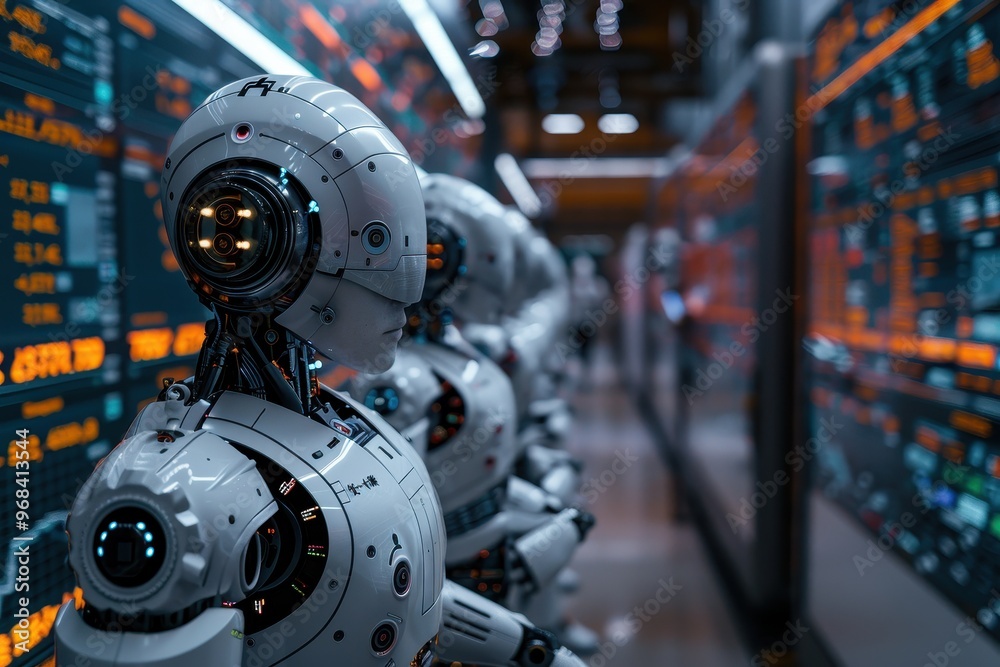 A group of robots are standing in a room with a lot of screens on the walls A group of robots are standing in a room with a lot of screens on the walls