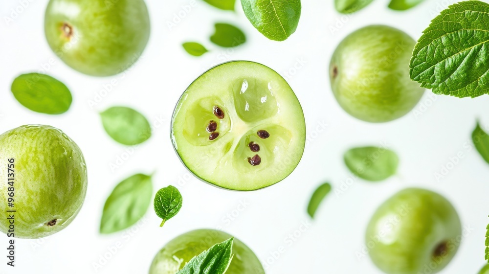 Gooseberry with half slices falling or floating in the air with green leaves isolated on a white background. Gooseberry with half slices falling or floating in the air with green leaves isolated on a white background.