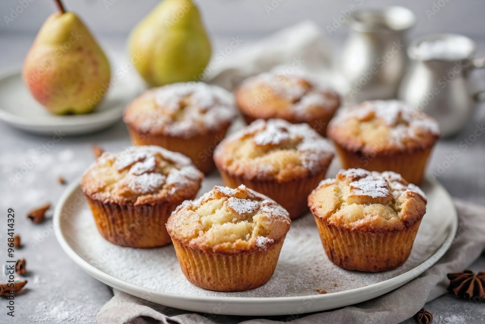 Pear Muffins: Overhead view of pear muffins in white paper liners on a plain white plate, with visible pear chunks and a light dusting of powdered sugar. Pear Muffins: Overhead view of pear muffins in white paper liners on a plain white plate, with visible pear chunks and a light dusting of powdered sugar.