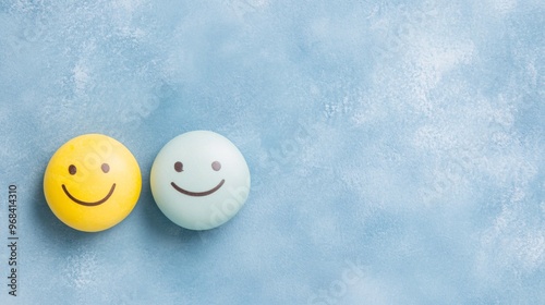 Two cheerful smiley balls, one yellow and one blue, on a soft blue background.