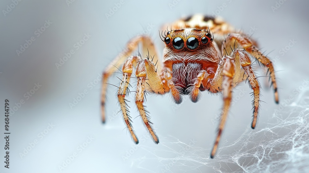 House spider hanging from a thread on a white background, natural behavior House spider hanging from a thread on a white background, natural behavior