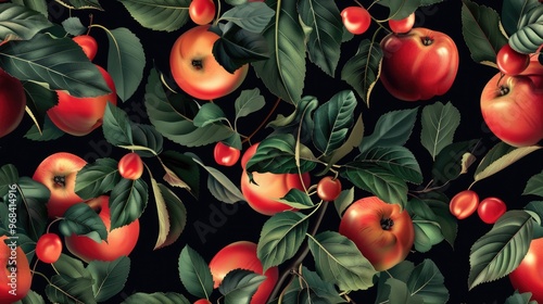 Vibrant Red Apples and Green Leaves on a Black Background