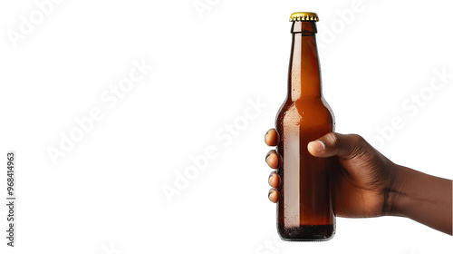 African American hand holding bottle of beer, isolated