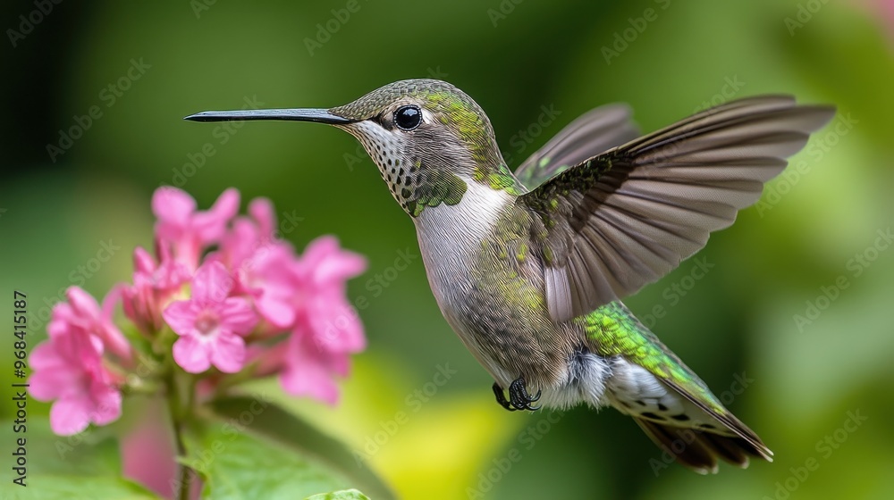Obraz premium Hummingbird feeding with its long beak on a white background