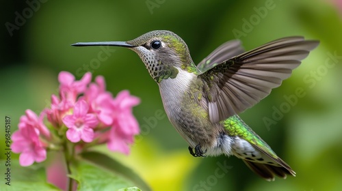 Hummingbird feeding with its long beak on a white background photo