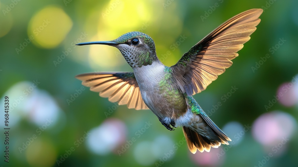 Fototapeta premium Hummingbird in profile with wings spread on a white background