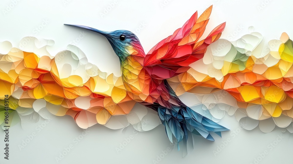 Fototapeta premium Hummingbird made of geometric shapes on a white background, modern art