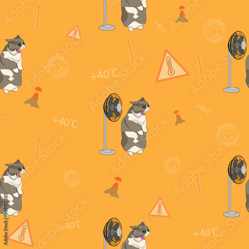 Pattern (infinite picture) of a cat meme - A cat screams near a fan. The illustration is made in pastel colours. The picture conveys a joke, humour, meme, scream, anger, pain.