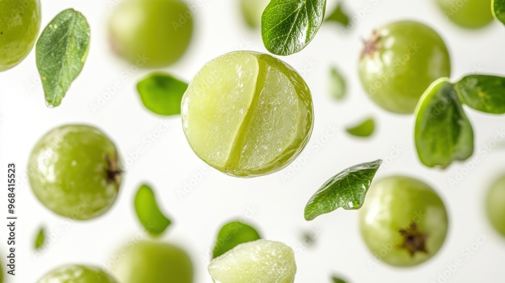 Indian Gooseberry (Amla) with half slices falling or floating in the air with green leaves isolated on a white background. Indian Gooseberry (Amla) with half slices falling or floating in the air with green leaves isolated on a white background.