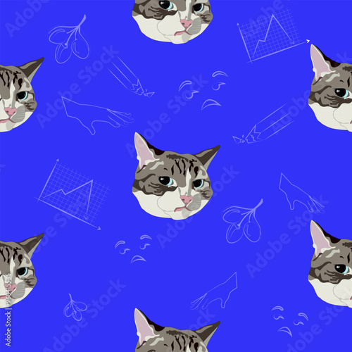The pattern (endless picture) of the cat meme is a disgruntled cat. The illustration is made in cold colours. The picture conveys a joke, humour, meme, dissatisfaction, disdain.