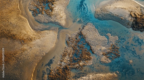 Aerial view of abstract patterns in tidal flats