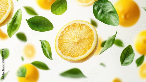 Lansium with half slices falling or floating in the air with green leaves isolated on a white background. photo