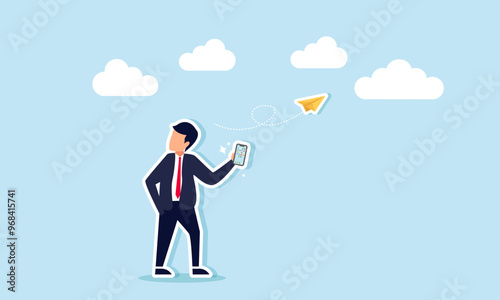 A businessman holding a phone, sending a message in the form of a paper airplane, illustration of A businessman sending a message to a business partner or client to negotiate a project