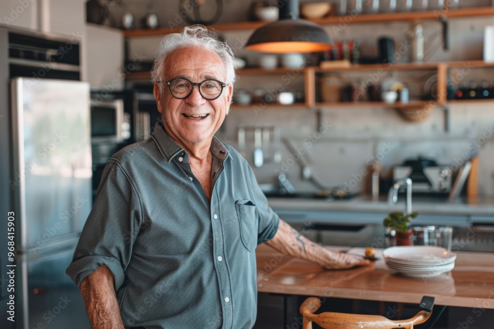 Elderly man smiling in a modern kitchen with minimalistic decor during daytime Elderly man smiling in a modern kitchen with minimalistic decor during daytime