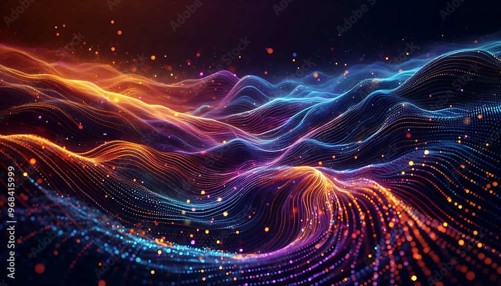 Fototapeta premium Abstract digital illustration featuring flowing waves of vibrant colors orange blue and purple against a dark background. The waves are composed of small glowing particles