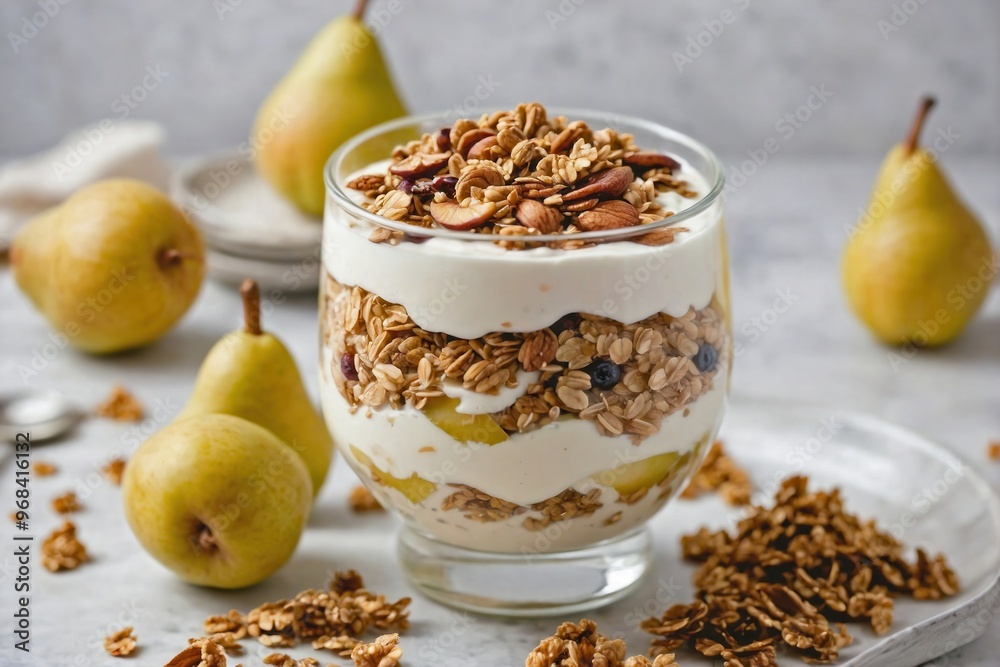 Pear Yogurt Parfait: Overhead view of a yogurt parfait layered with pear slices and granola in a clear glass Pear Yogurt Parfait: Overhead view of a yogurt parfait layered with pear slices and granola in a clear glass