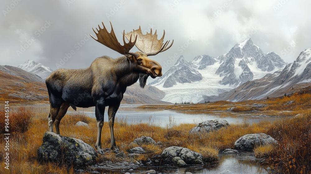 Majestic Alaskan moose with a mountainous backdrop on a white background Majestic Alaskan moose with a mountainous backdrop on a white background