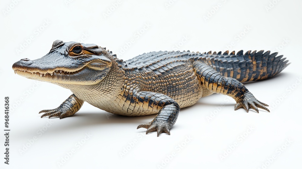 Fototapeta premium Majestic Nile crocodile basking on a white background, full-body view