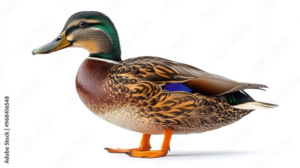 Obraz premium Mallard duck with distinctive green head and bright colors on a white background