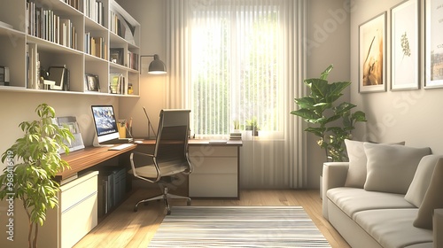Wallpaper Mural A bright home office featuring a wooden desk, bookshelf, ergonomic chair, indoor plants, and a cozy sofa, creating a comfortable and organized workspace. Torontodigital.ca