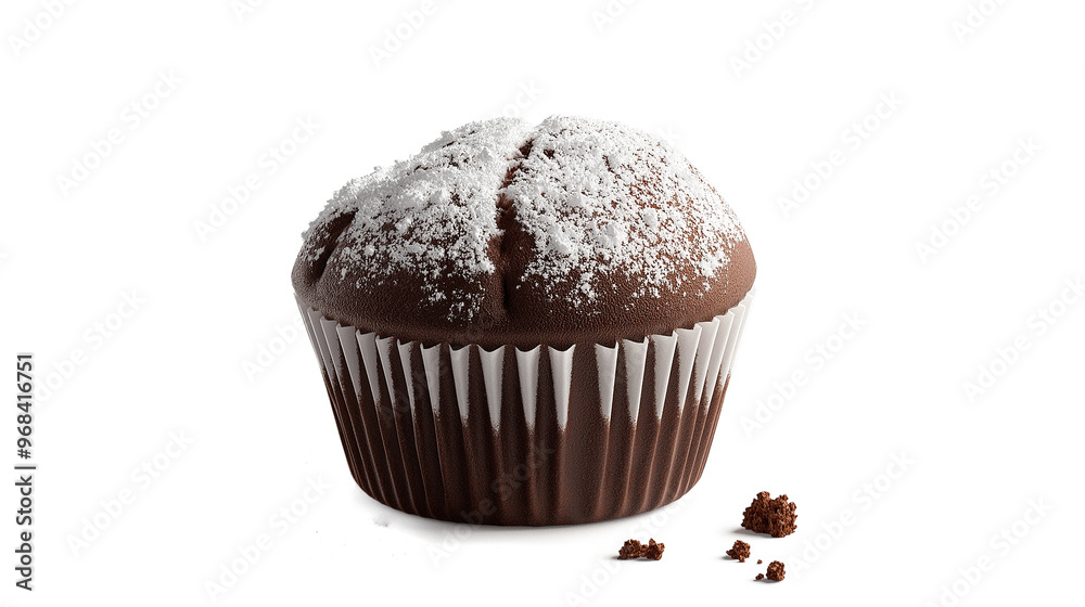 A chocolate muffin with powdered sugar on top. The muffin is sitting on a white background A chocolate muffin with powdered sugar on top. The muffin is sitting on a white background