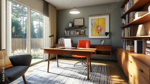 Wallpaper Mural A contemporary home office featuring a wooden desk, red chair, bookshelves, large windows for natural light, and bright wall art creating a vibrant workspace. Torontodigital.ca