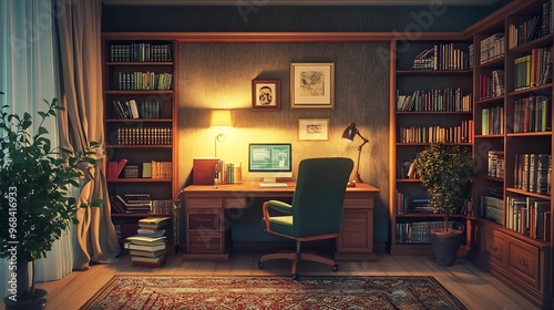 A cozy home office featuring wooden bookshelves, a desk, soft lighting, and an inviting atmosphere, ideal for working and reading in a warm, library-like setting.