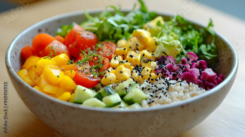 Vibrant Photo of a Colorful Salad Bowl with Rice, Tomatoes, and Avocado