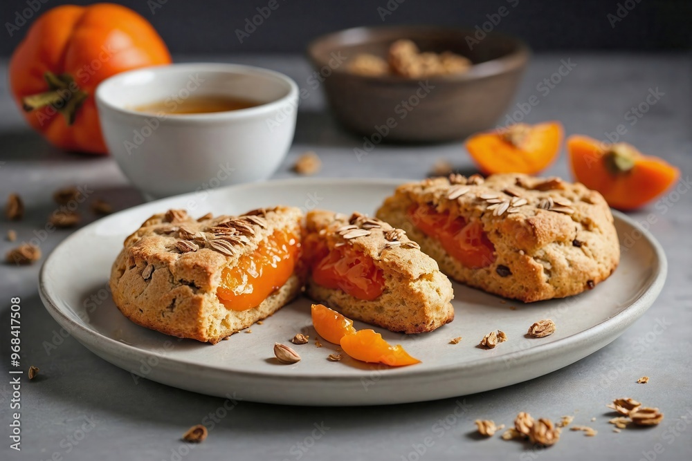 Fototapeta premium Persimmon Scones: Persimmon scones placed on a simple white plate, with one scone slightly broken open to reveal the soft interior.