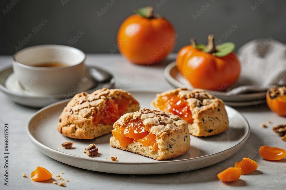 Persimmon Scones: Persimmon scones placed on a simple white plate, with one scone slightly broken open to reveal the soft interior. Persimmon Scones: Persimmon scones placed on a simple white plate, with one scone slightly broken open to reveal the soft interior.