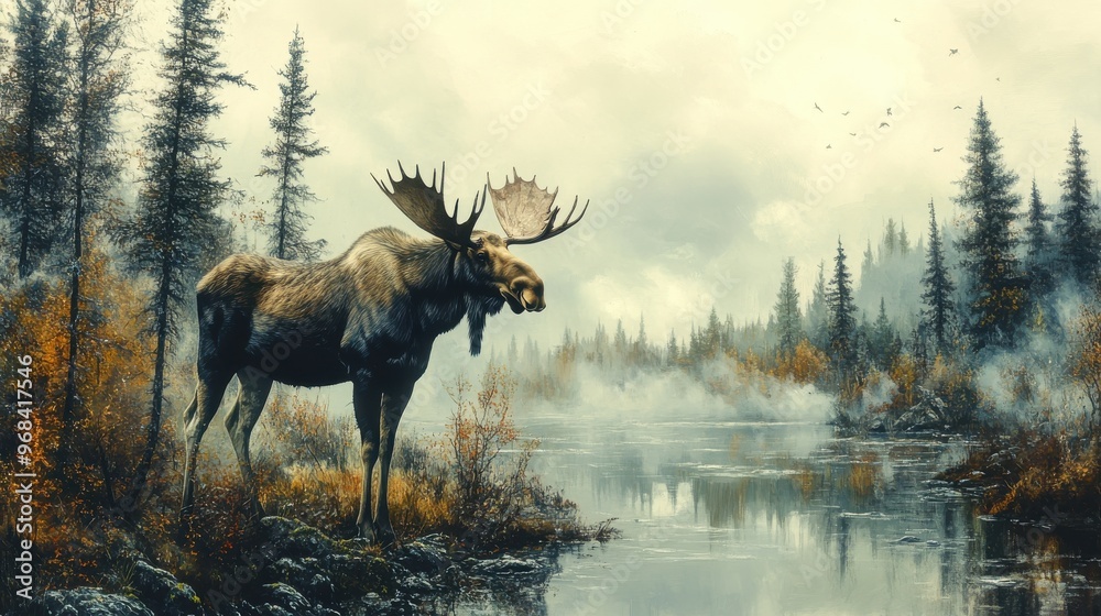 Moose in an Alaskan forest on a white background, surrounded by tall trees Moose in an Alaskan forest on a white background, surrounded by tall trees