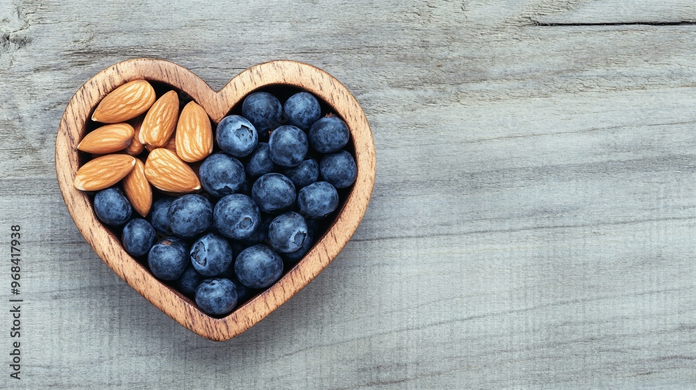 Heart-shaped bowl filled with fresh blueberries and almonds on a rustic wooden surface. Heart-shaped bowl filled with fresh blueberries and almonds on a rustic wooden surface.