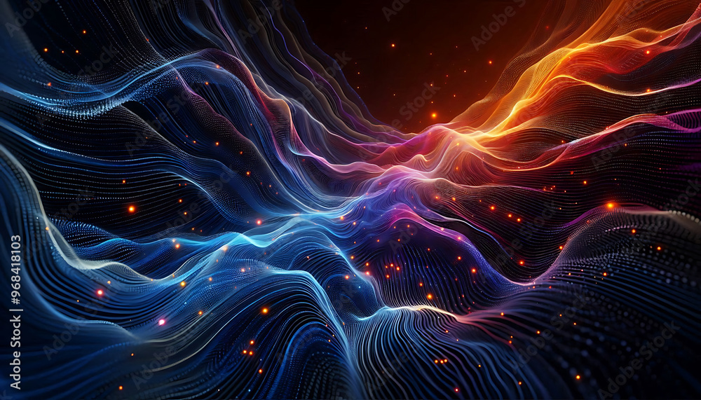 Abstract digital illustration featuring flowing waves of vibrant colors orange blue and purple against a dark background. The waves are composed of small glowing particles Abstract digital illustration featuring flowing waves of vibrant colors orange blue and purple against a dark background. The waves are composed of small glowing particles
