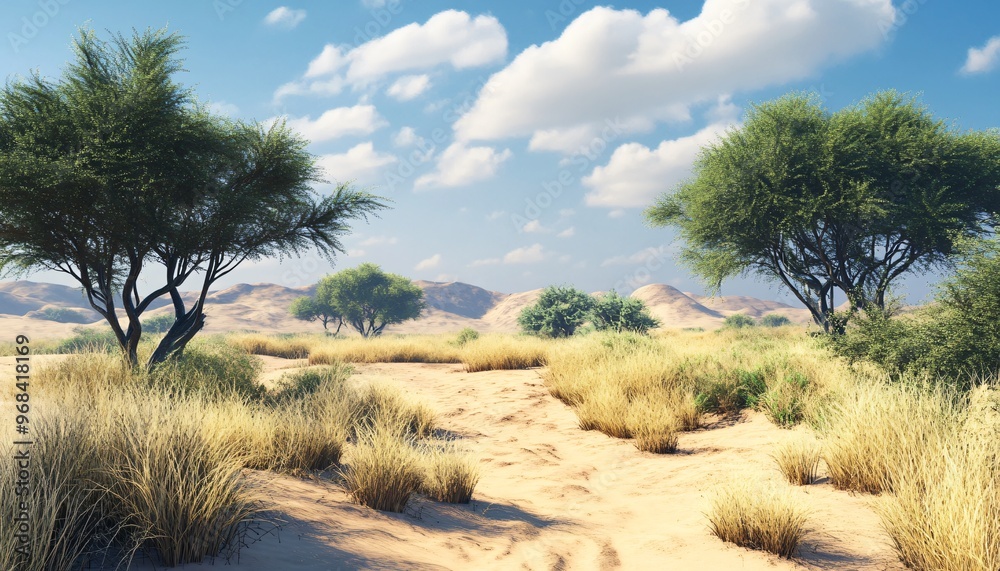 Serene Desert Landscape with Lush Trees and Winding Path Serene Desert Landscape with Lush Trees and Winding Path
