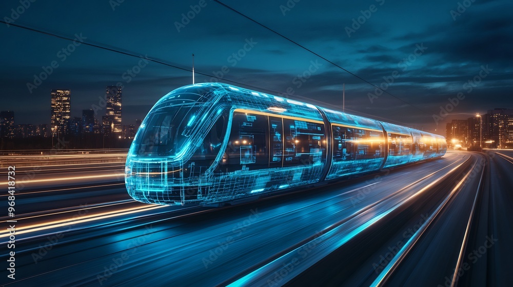 Futuristic train made of digital lines speeding through a city at night. Futuristic train made of digital lines speeding through a city at night.