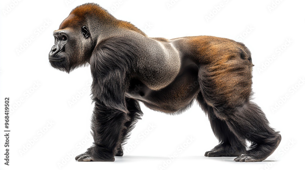 Fototapeta premium Powerful gorilla standing in profile on a white background, muscular build