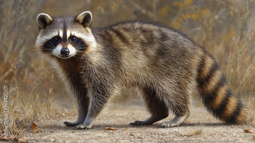 Realistic raccoon standing on a white background, full-body view