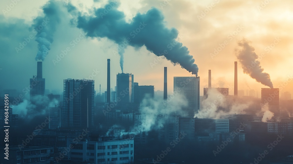 Industrial city skyline with smoke stacks and fog. Industrial city skyline with smoke stacks and fog.