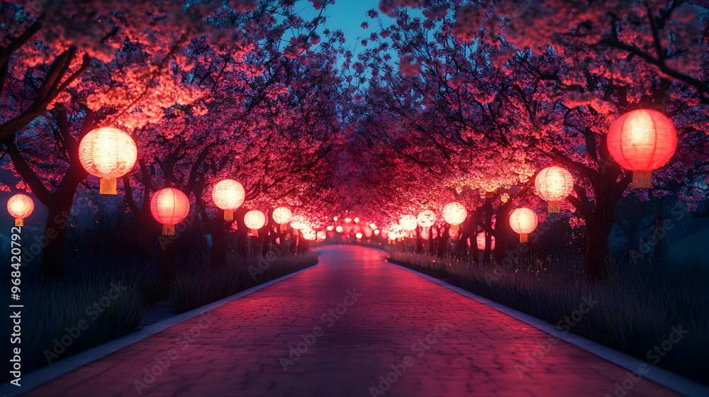 Enchanting Cherry Blossom Pathway Lit by Paper Lanterns at Twilight