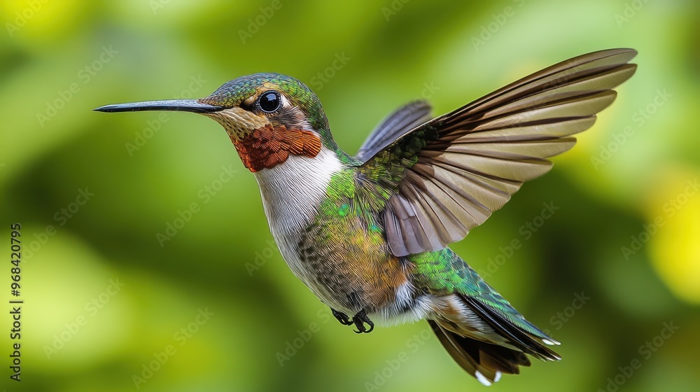 Fototapeta premium Ruby-throated hummingbird hovering with blurred wings on a white background