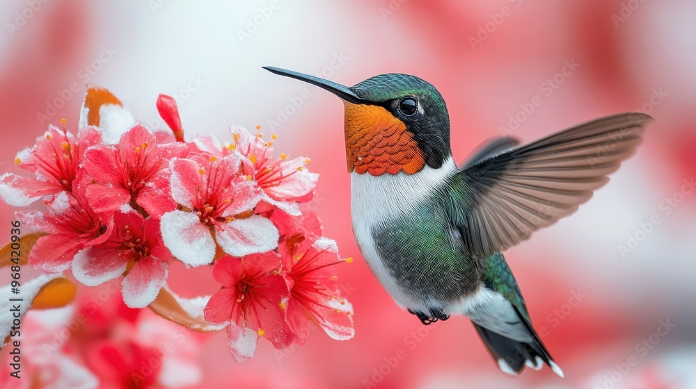 Naklejka premium Ruby-throated hummingbird in flight on a white background, frozen in motion