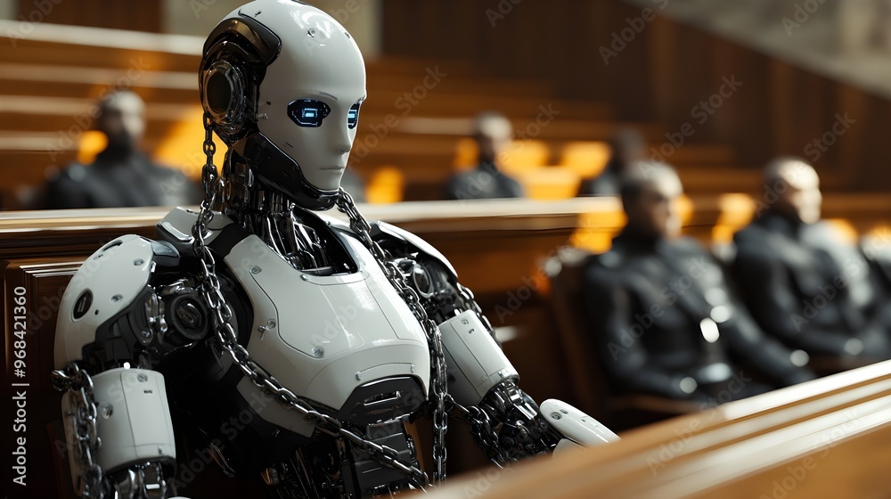 A futuristic courtroom scene where an AI robot, shackled in chains, stands trial, representing the complex issue of AI and legal responsibility A futuristic courtroom scene where an AI robot, shackled in chains, stands trial, representing the complex issue of AI and legal responsibility
