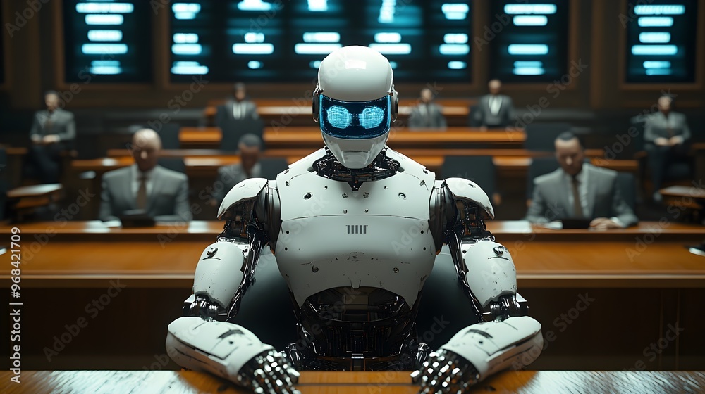 An AI robot sitting shackled in a courtroom dock, surrounded by lawyers with holographic screens displaying evidence, dark atmosphere, Futuristic, 3D Render An AI robot sitting shackled in a courtroom dock, surrounded by lawyers with holographic screens displaying evidence, dark atmosphere, Futuristic, 3D Render