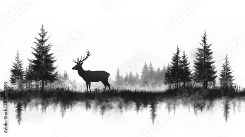 Silhouette of a deer in the forest on a white background, peaceful scene