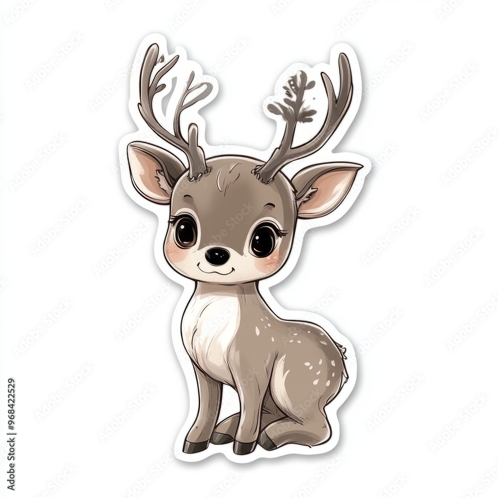 Adorable Chibi Reindeer Sticker with Oversized Antlers on White Background Adorable Chibi Reindeer Sticker with Oversized Antlers on White Background
