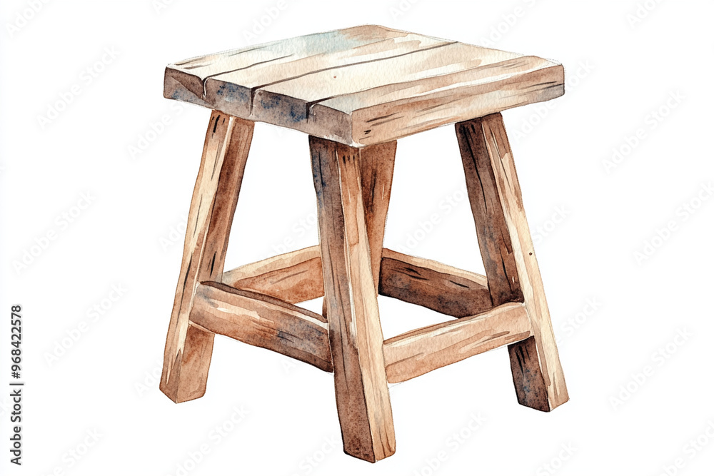A distressed wooden stool with rustic design, showcasing natural wood grain and simple structure. This watercolor illustration captures charm of vintage furniture, perfect for home decor A distressed wooden stool with rustic design, showcasing natural wood grain and simple structure. This watercolor illustration captures charm of vintage furniture, perfect for home decor