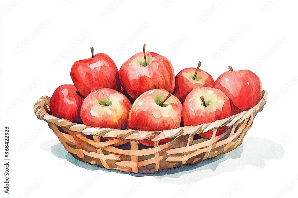 A rustic woven basket filled with vibrant red apples creates warm and inviting scene. watercolor illustration captures freshness and natural beauty of apples, evoking sense of home and comfort A rustic woven basket filled with vibrant red apples creates warm and inviting scene. watercolor illustration captures freshness and natural beauty of apples, evoking sense of home and comfort