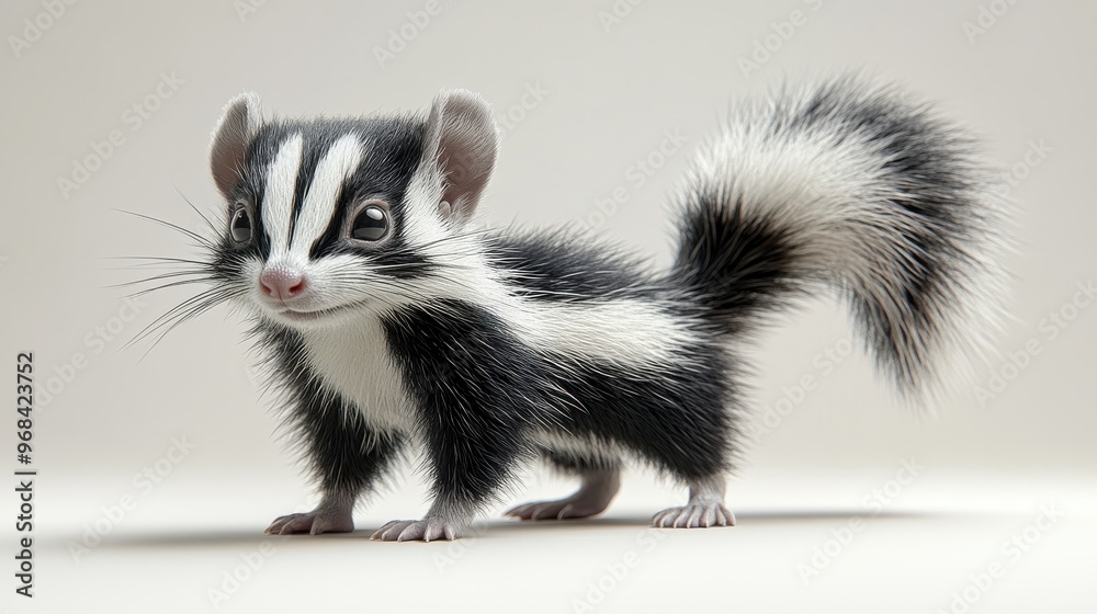 Skunk with its tail raised on a white background, detailed and realistic Skunk with its tail raised on a white background, detailed and realistic