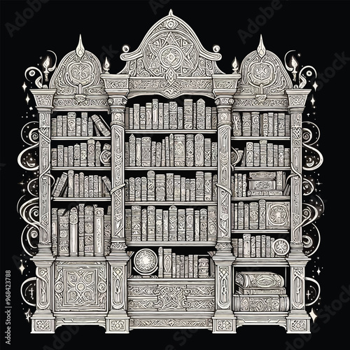 large, ornate bookshelf with books that have glowing runes on their spines coloring page 